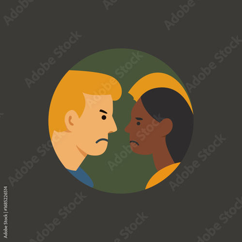 Flat vector illustration of two people arguing face to face. Represents conflict, anger, and misunderstanding.