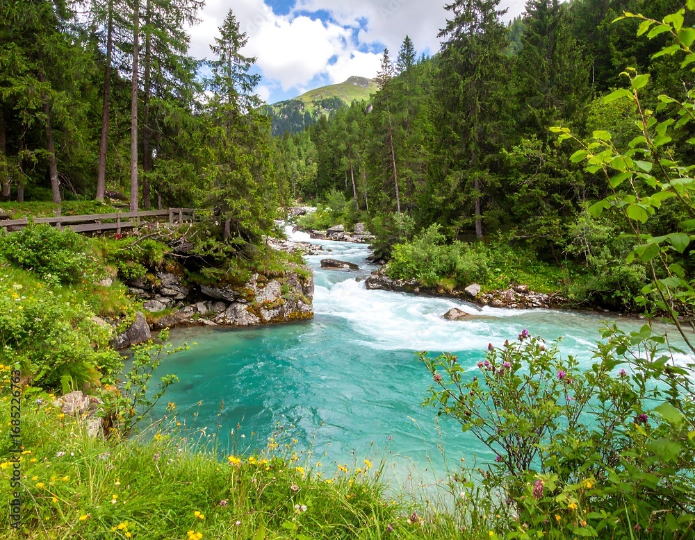 Fototapeta premium Turquoise river flowing through alpine forest