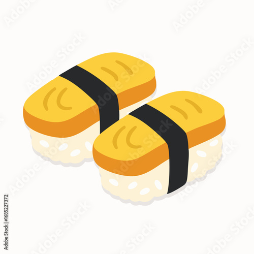 two pieces of tamago nigiri sushi featuring a rectangular slice of sweet egg omelet