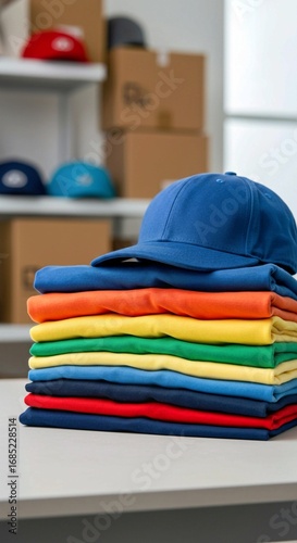 pile of colorful clothes, Colorful apparel, caps stacked neatly. Branded merchandise ready for promotional event. Swag kit preparation. Variety of colors for logo imprint. Promotional items for market