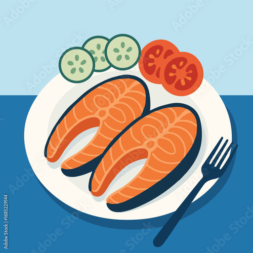 Two salmon steaks with cucumber and tomato slices on a white plate with a blue fork