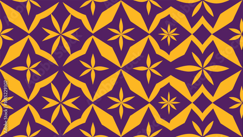 Geometric pattern of yellow starbursts and diamonds on a deep purple background abstract blue
