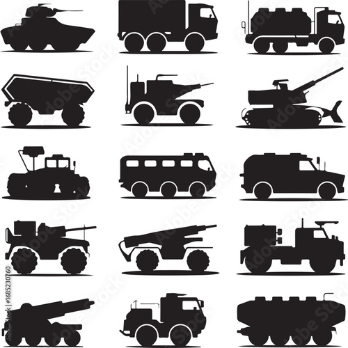 Collection of black military vehicle silhouettes on white background transport army