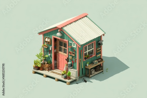 A small garden shed is filled with tools and plants.