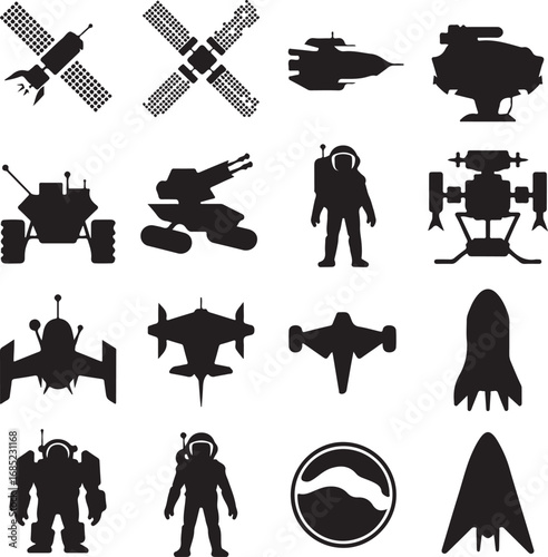 Space exploration and futuristic vehicles silhouette icons collection spaceship rocket