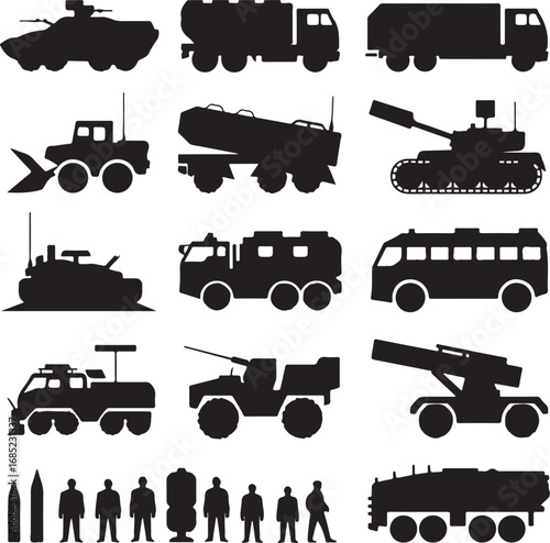 Military vehicles and personnel silhouette icons collection truck tank