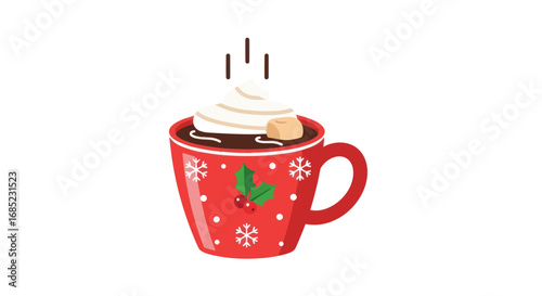 Steaming hot chocolate in festive red Christmas mug with whipped cream and marshmallow.