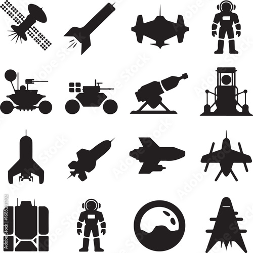 Spacecraft and astronaut silhouette icons set rocket satellite
