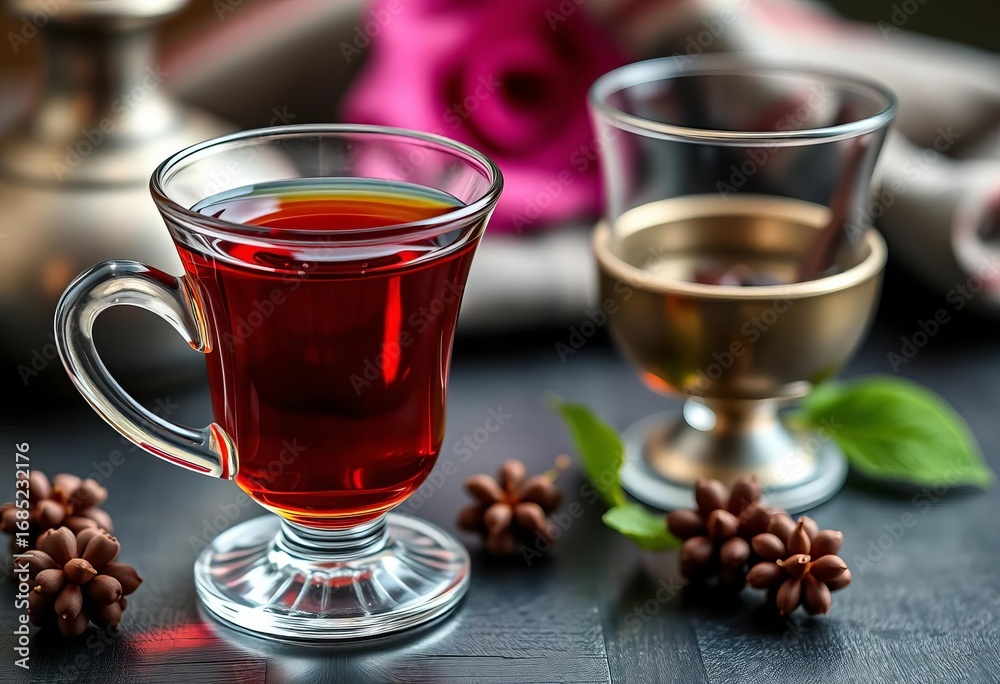 Fototapeta premium A small glass of strong Turkish tea, beside a traditional tulip-shaped glass and a sugar bowl, sugar bowl, afternoon