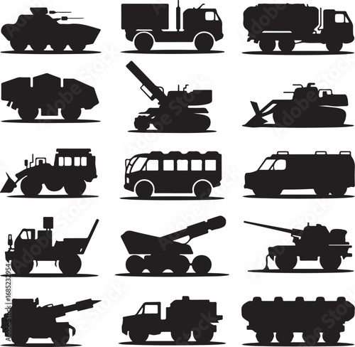 Collection of military vehicle silhouettes and artillery icons truck tank