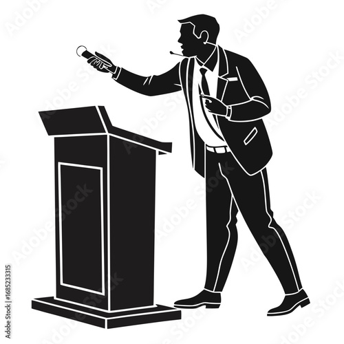 Silhouette of a man in a suit speaking at a podium with a microphone in his hand and headset on his head created with generated ai