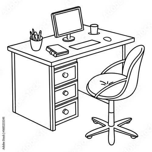 Illustration of a desk with a computer, chair, and office supplies in a black and white outline created with generated ai