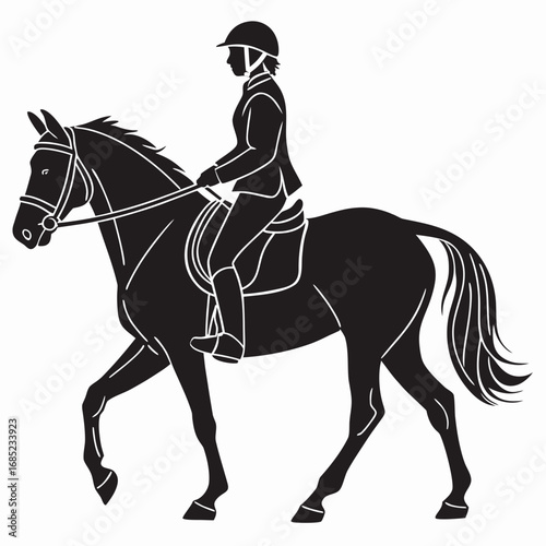 Silhouette of a horse and rider in equestrian attire performing dressage on a white background scene image created with generated ai