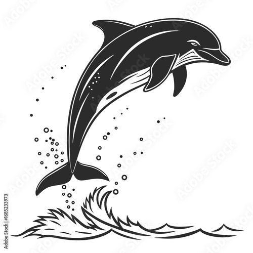 Black and white illustration of a dolphin jumping out of the water with waves and bubbles around it created with generated ai