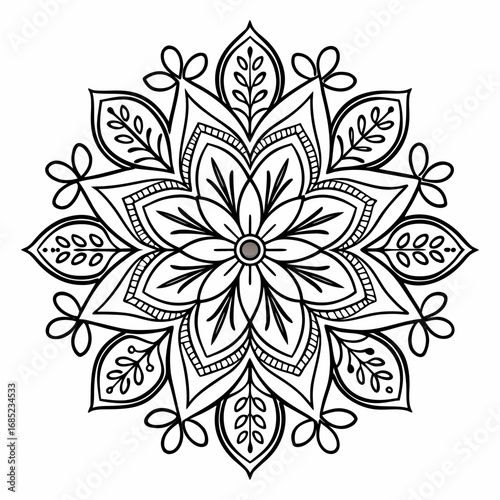 Intricate floral mandala design with detailed leaves and petals in a symmetrical circular arrangement created with generated ai