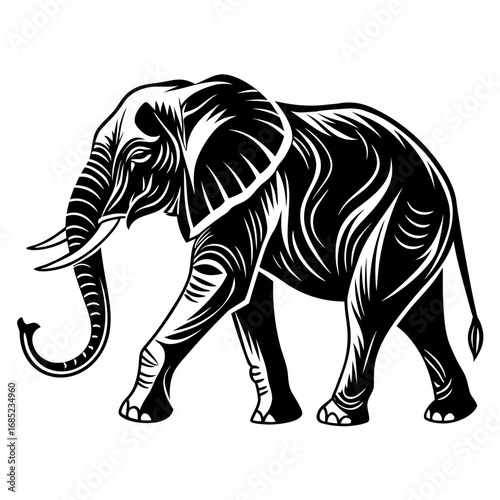 Illustration of an african elephant walking with detailed line work in black and white design style art created with generated ai