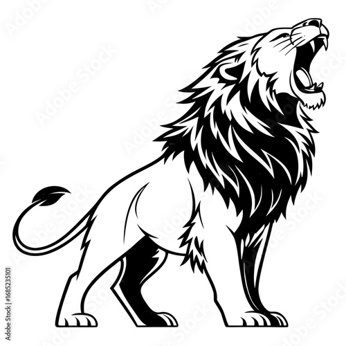 Illustration of a roaring lion in black and white with a detailed mane and tail standing powerfully tall created with generated ai