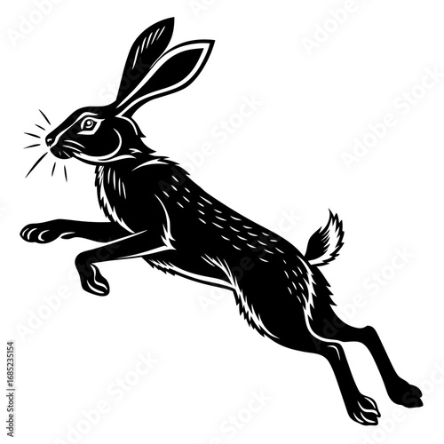 A black and white illustration of a hare leaping forward with its long ears extended upward in the air created with generated ai