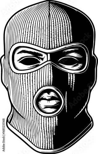 Detailed Vector Graphic Illustration of a Balaclava Ski Mask Isolated on White Background in Black and White