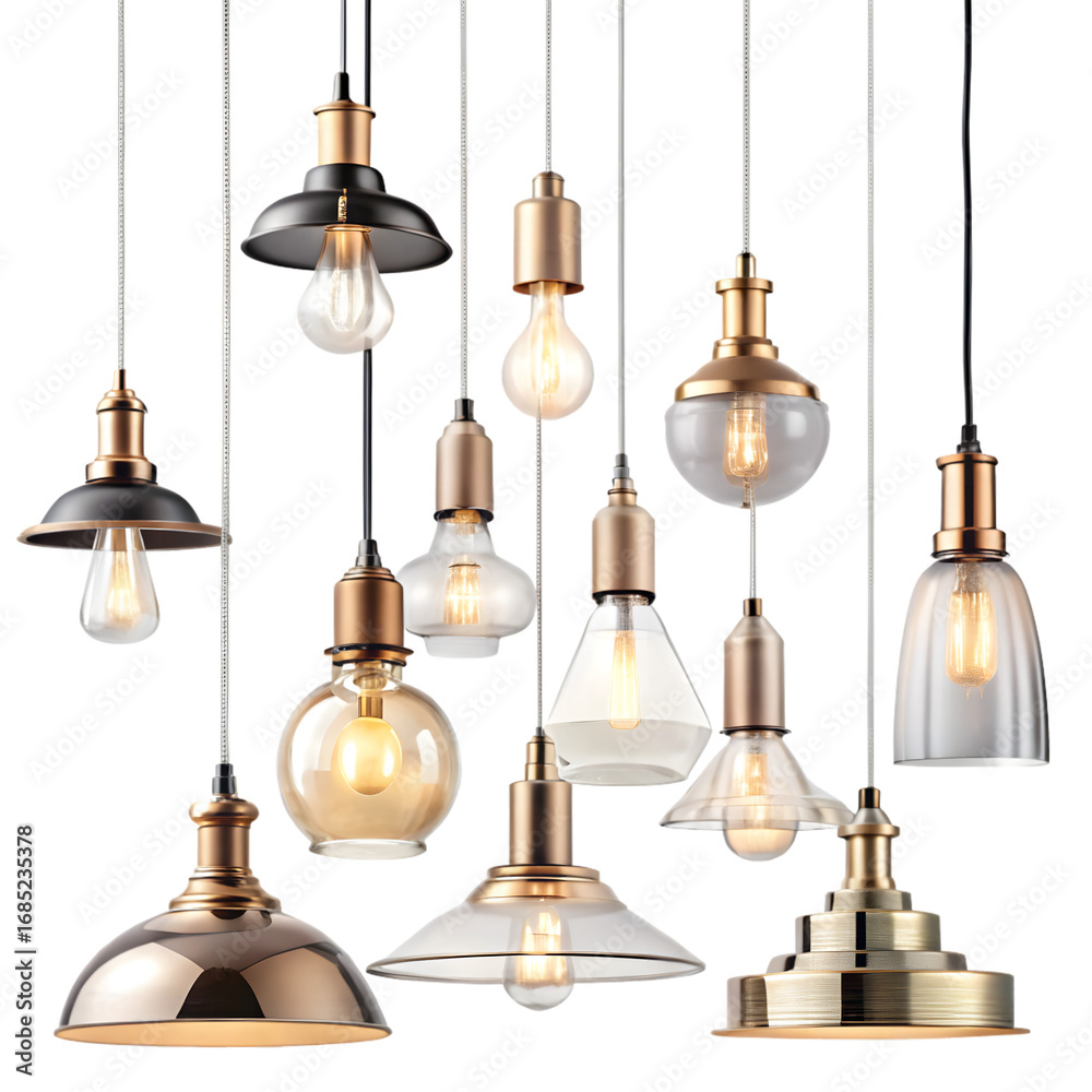Obraz premium Collection of modern pendant light fixtures isolated on transparent background
