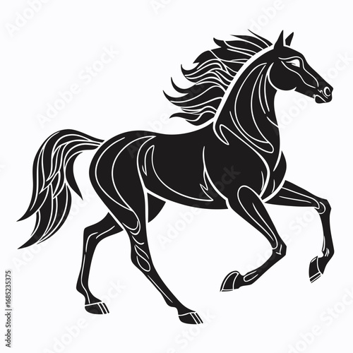 Silhouette of a black horse with white outline galloping on a white background in a stylized design created with generated ai