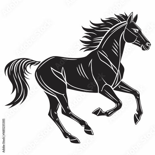 A black horse running with a flowing mane and tail in a stylized vector illustration style image art created with generated ai