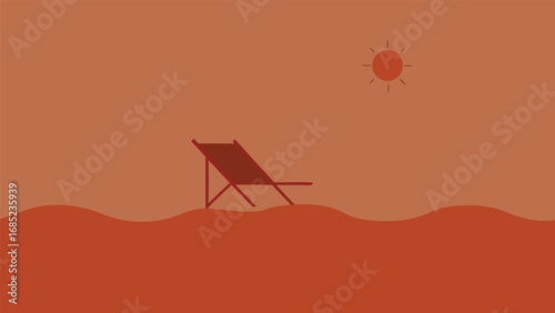 Lone Deck Chair on Sandy Beach Under a Sun in Monochromatic Orange Tones beach chair lounge chair