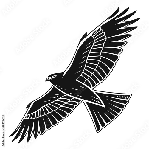 A majestic black and white hawk soars through the sky with its wings spread wide in graceful flight created with generated ai