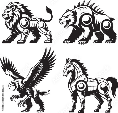 Stylized mechanical lion bear eagle and horse in black and white mechanical bear mechanical eagle