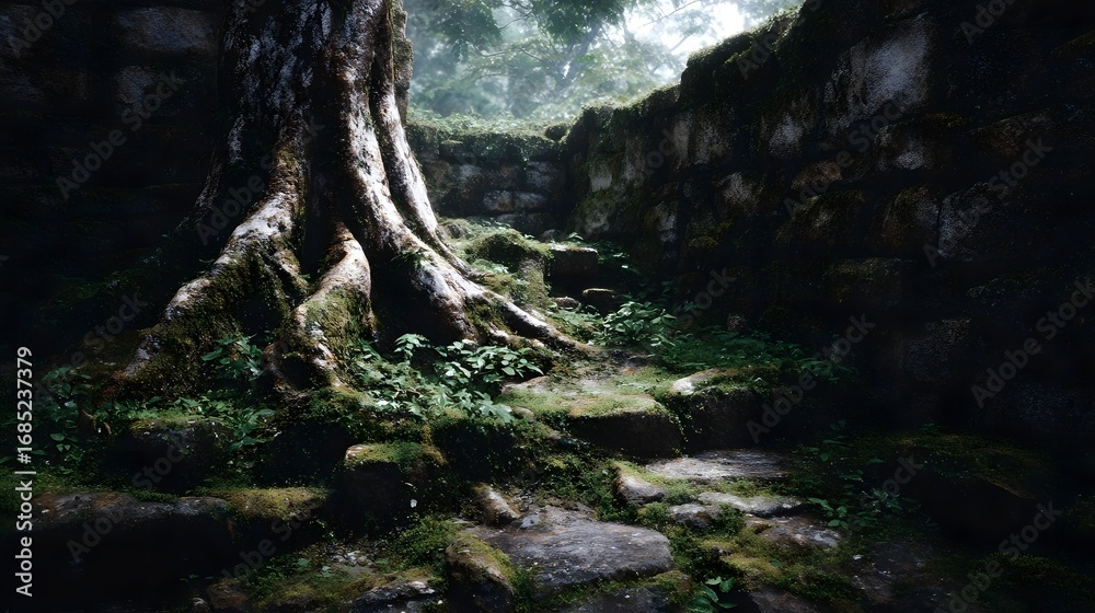 Fototapeta premium Ancient tree roots intertwine with a moss covered stone wall creating a mysterious and overgrown scene in a secluded forest