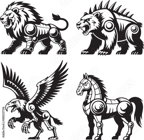 Stylized mechanical lion bear eagle and horse in black and white mechanical bear mechanical eagle