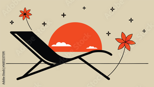 Minimalist Beach Scene with Deck Chair and Sunset lounge chair