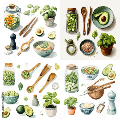 Watercolor food illustration with avocado, basil, salad bowls, herbs, and cooking utensils. Perfect for healthy lifestyle design, recipe books, and culinary artwork.