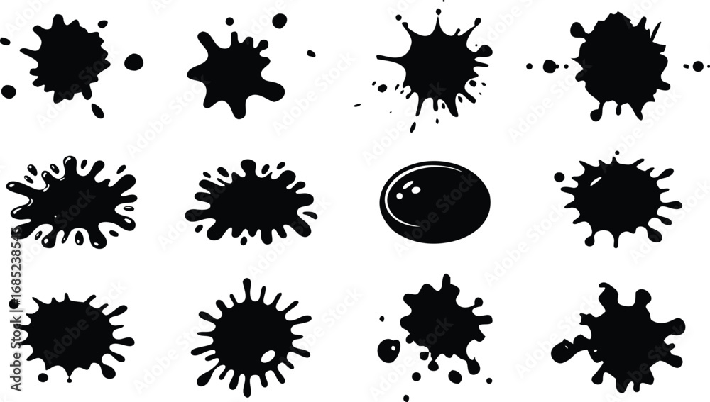 Fototapeta premium Black Ink Splatter Texture Set – Grunge, Abstract, High-Contrast Blots for Design