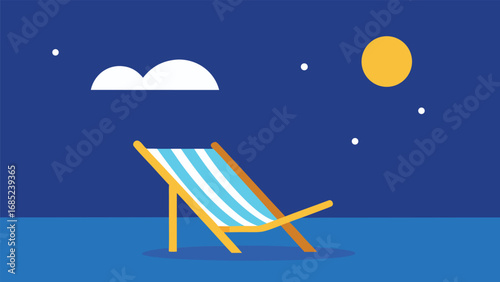 Minimalist Night Beach Scene with Lounge Chair and Moon Keywords: beach, night, sea, ocean, lounge chair, deck chair, relaxation, vacation, summer, holiday, moon, sky, stars, clouds, dark blue