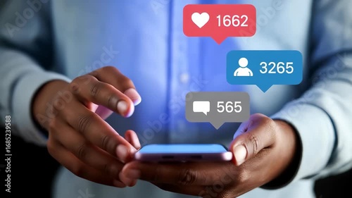 Engaged user interacting with mobile phone, receiving social media notifications for likes, comments, and follows, boosting online presence