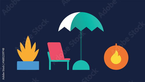 Minimalist Outdoor Relaxation Scene With Fire Pit Chair and Umbrella vector illustration