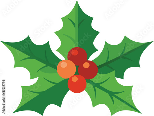 Holly berry icon. Christmas symbol berry leaves isolated on transparent background