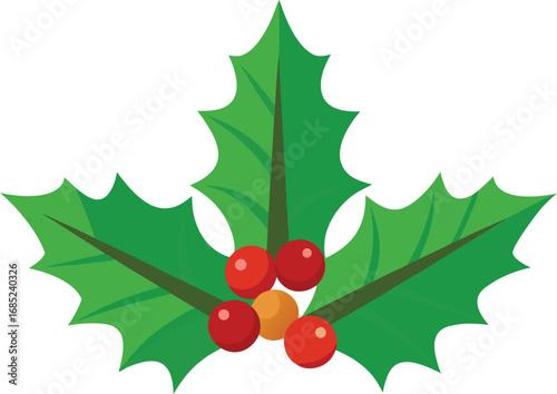 Holly berry icon. Christmas symbol berry leaves isolated on transparent background