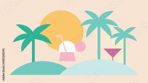 Minimalist Tropical Island Scene with Palm Trees and Cocktail beach