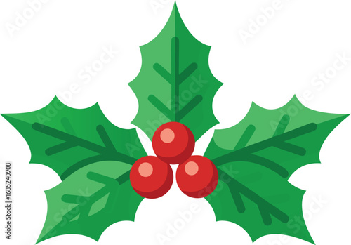 Holly berry icon. Christmas symbol berry leaves isolated on transparent background