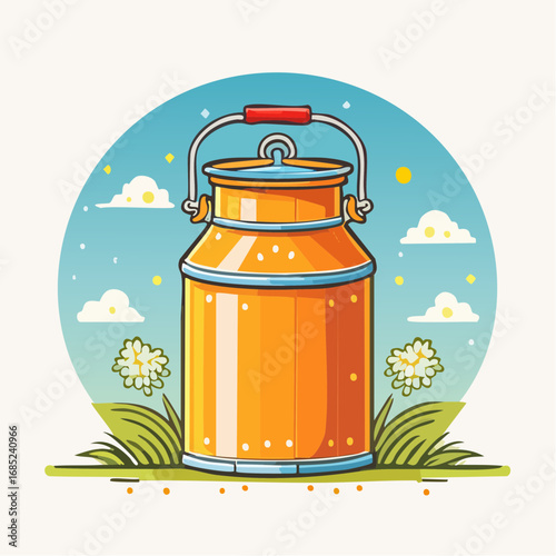 Retro Orange Milk Can In Field Background