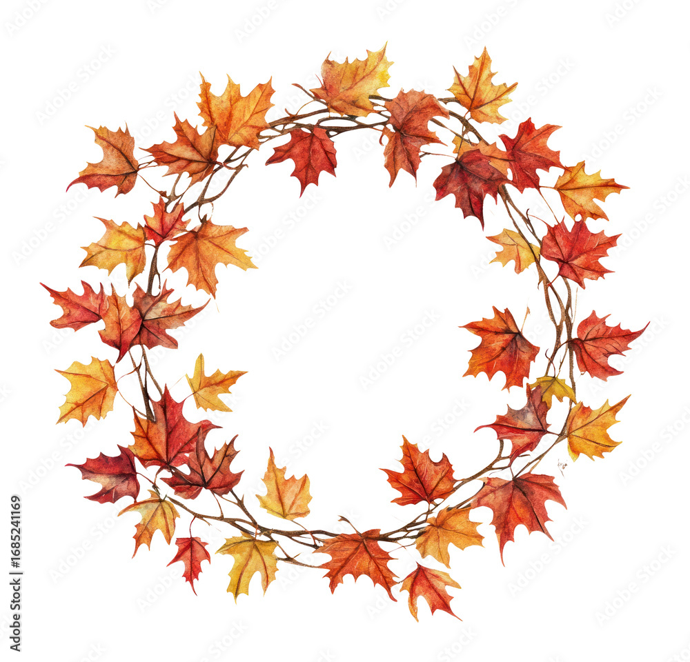 Fototapeta premium PNG Wreath of autumn tiny maple leaves leaf illustration wreath.