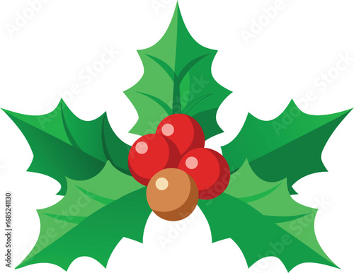 Holly berry icon. Christmas symbol berry leaves isolated on transparent background