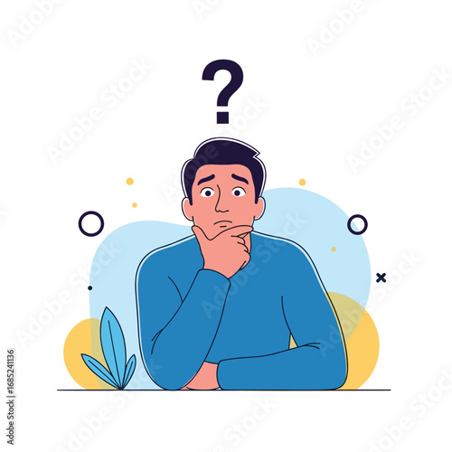 Man sitting at a table with a question mark above his head wondering about something important
