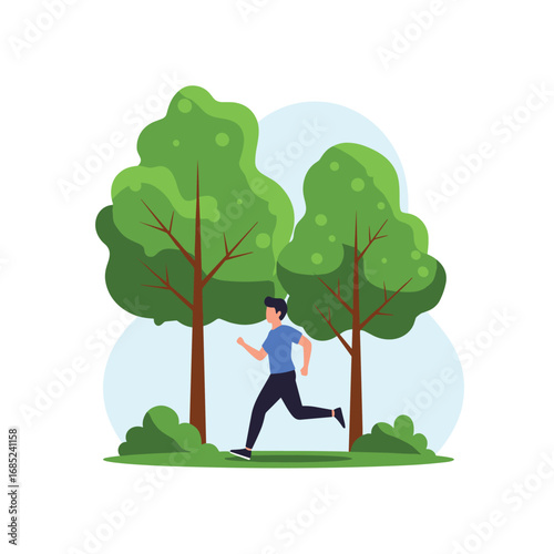 Active man running through a lush green park surrounded by tall trees and bushes enjoying nature outdoors