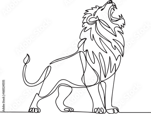 Majestic lion roaring with full mane in continuous line art style