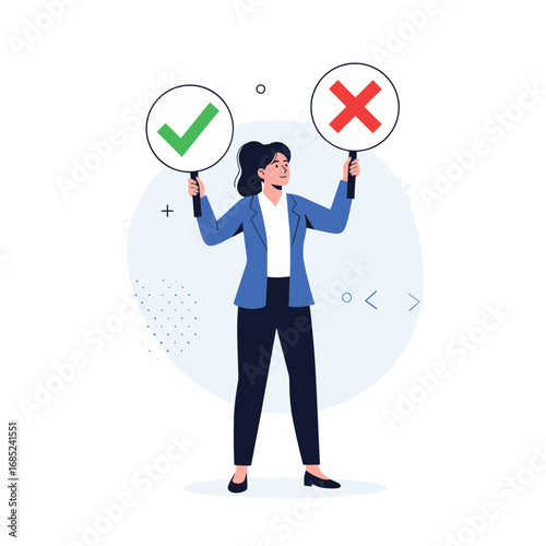 Woman holding correct and incorrect signs making a decision about a choice or question