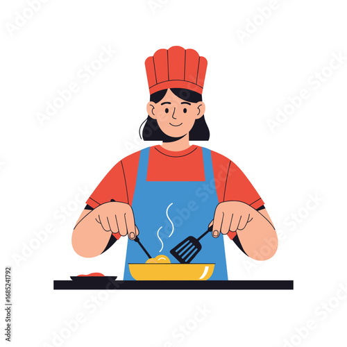 Young chef skillfully prepares delicious meal in kitchen wearing chef hat and apron