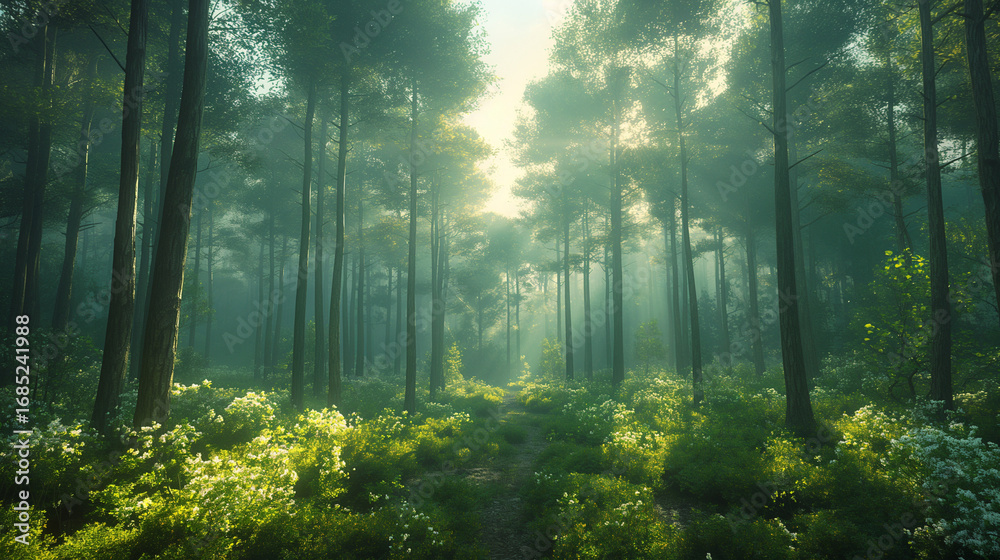 Fototapeta premium Sunlit Forest Path with Lush Greenery in Morning Mist